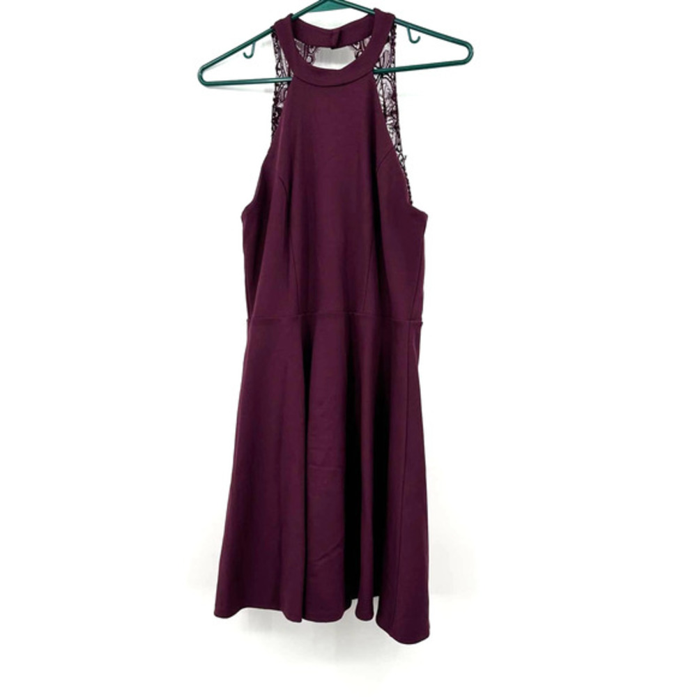 Lulus size Medium purple swing dress lined halter like neckline lace zip up rear